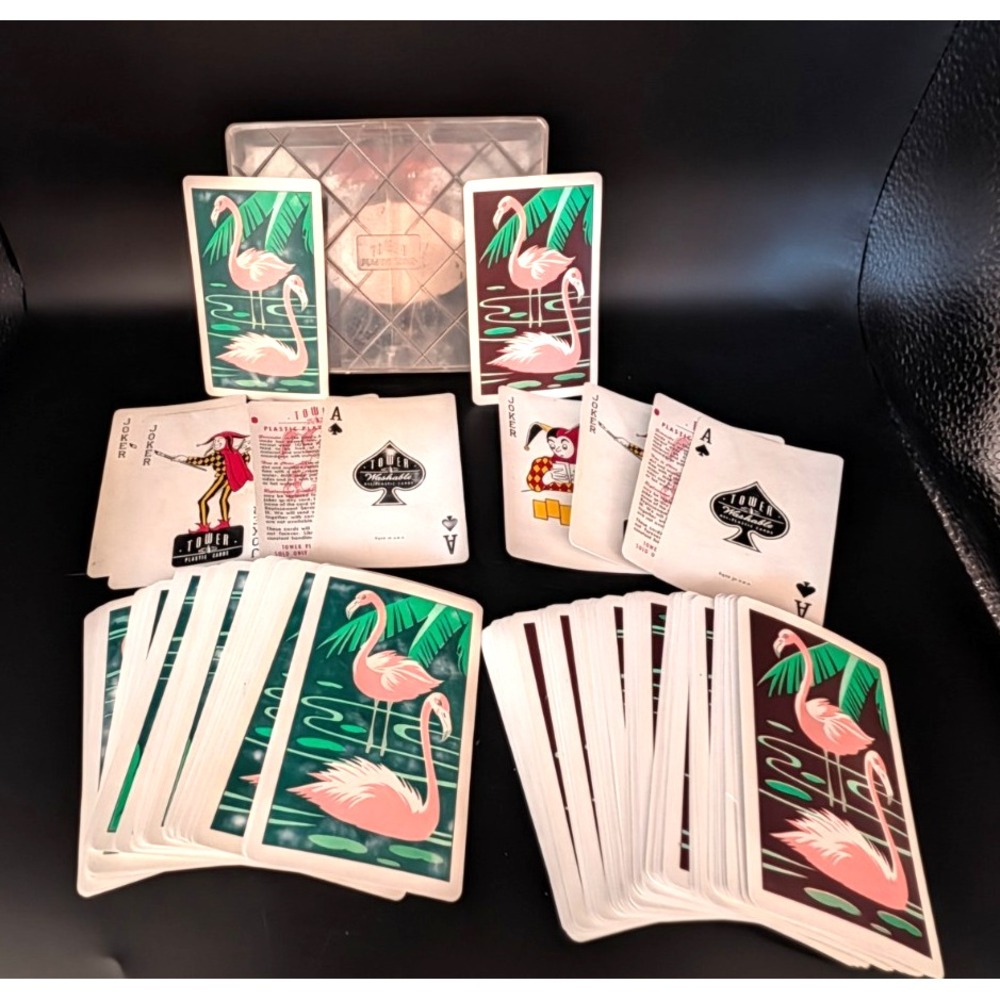 Vintage Tower All Plastic Playing Cards 2 Deck Set Flamingo Sears Roebuck Case